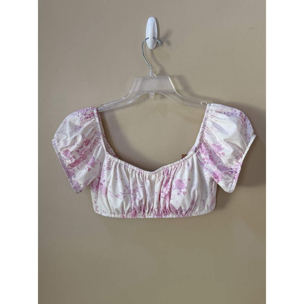 Shade & Shore Women's Floral Print Shirred Bralette Bikini Top - Pink Sz M NWT